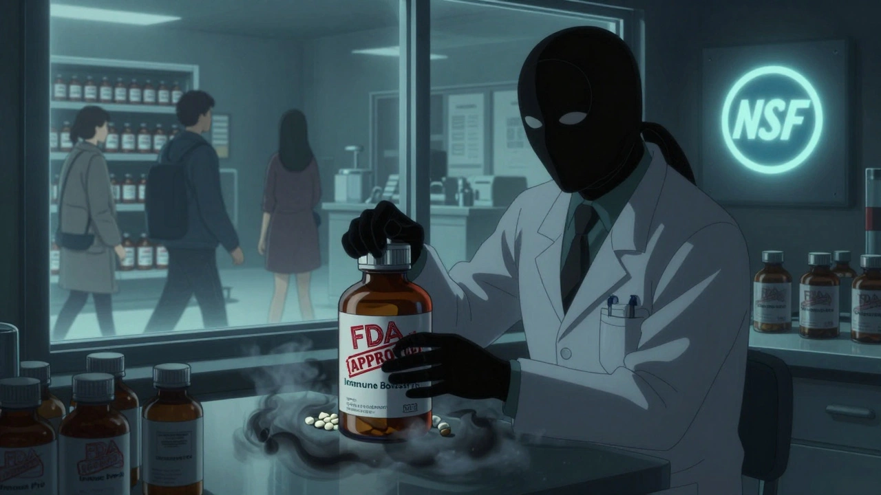 Hidden pharmaceuticals concealed under fake FDA approval stamp on supplement bottle.