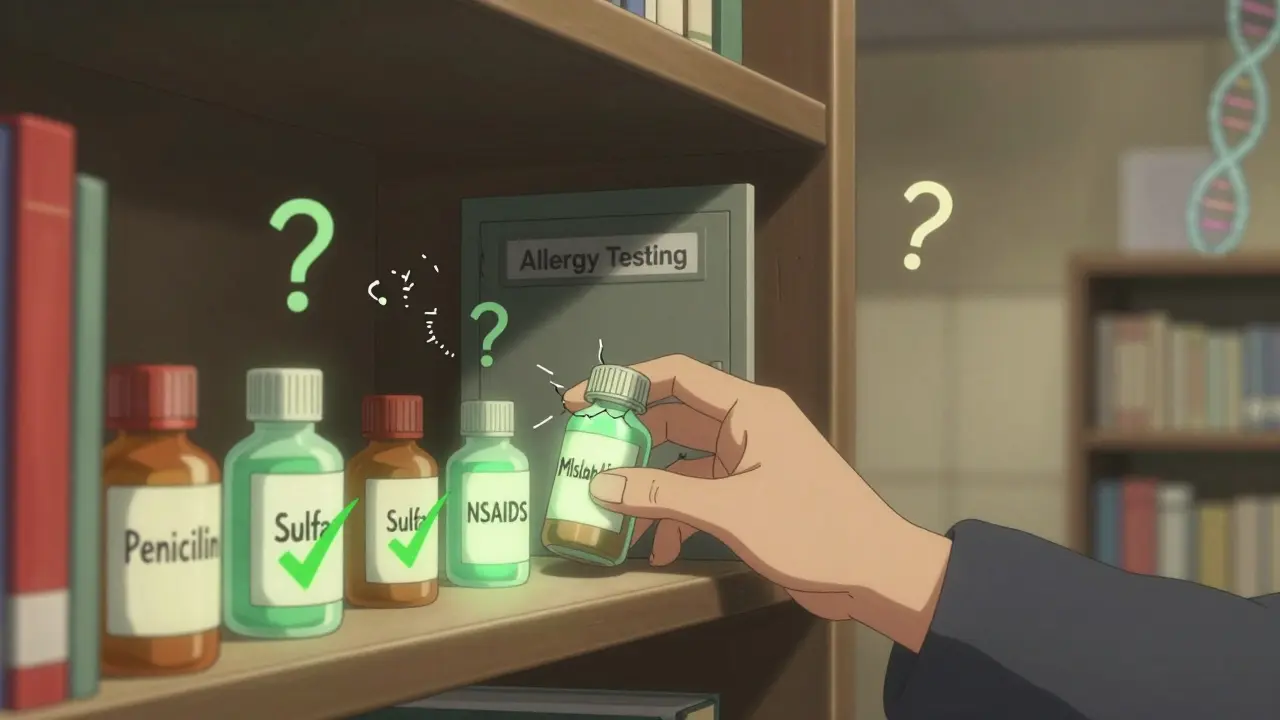 Medical bookshelf with glowing drug bottles, some broken, some glowing green, hand pulling 'Mislabelled' bottle.