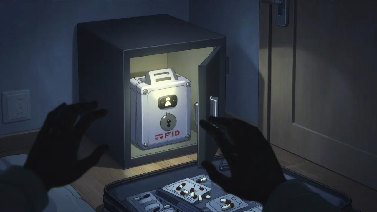 Medication locked in safe while shadowy hands reach for unmarked pills in open suitcase