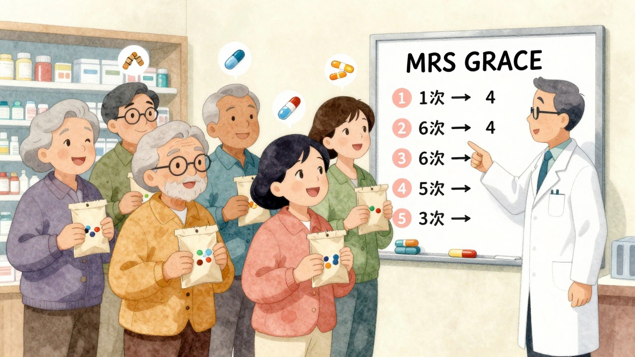 Older adults in a pharmacy smiling with simplified pill bags as a pharmacist shows a simplification checklist.