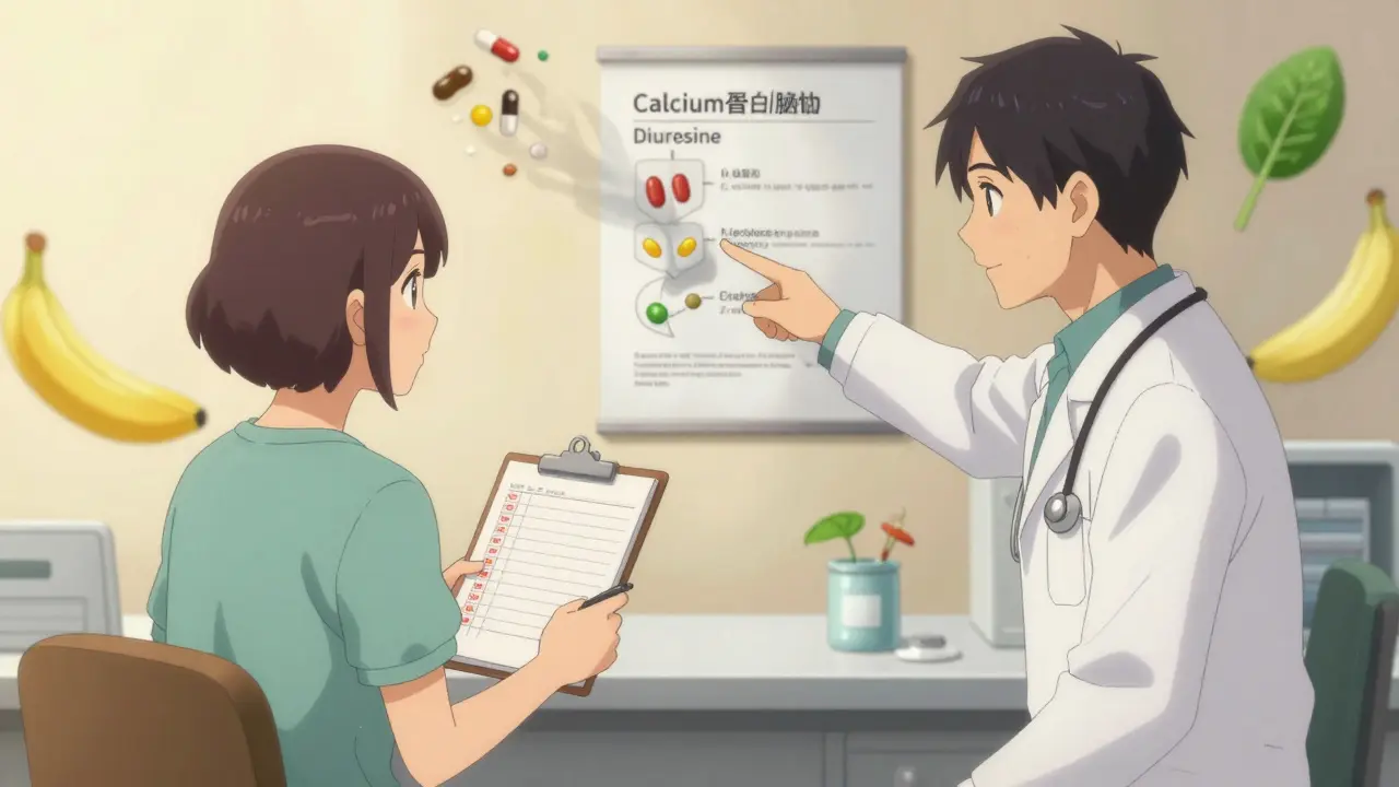 Patient and doctor discussing treatment, harmful meds fading as healthy solutions glow.