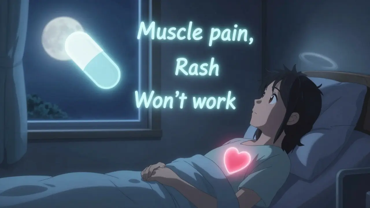 Patient in bed surrounded by floating negative thoughts, while a glowing generic pill and heart symbolize calm biology.