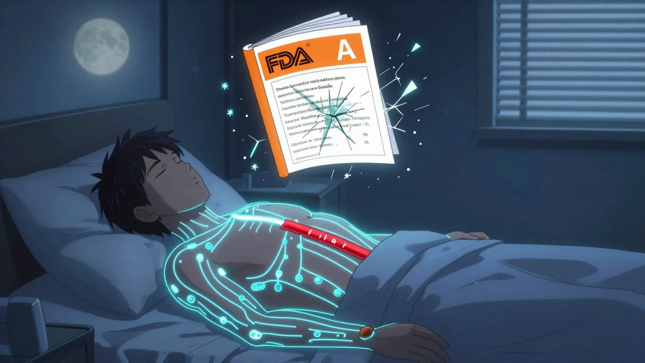 Patient in bed with glowing drug absorption pathways, one blocked by a red barrier, FDA rating cracking above.