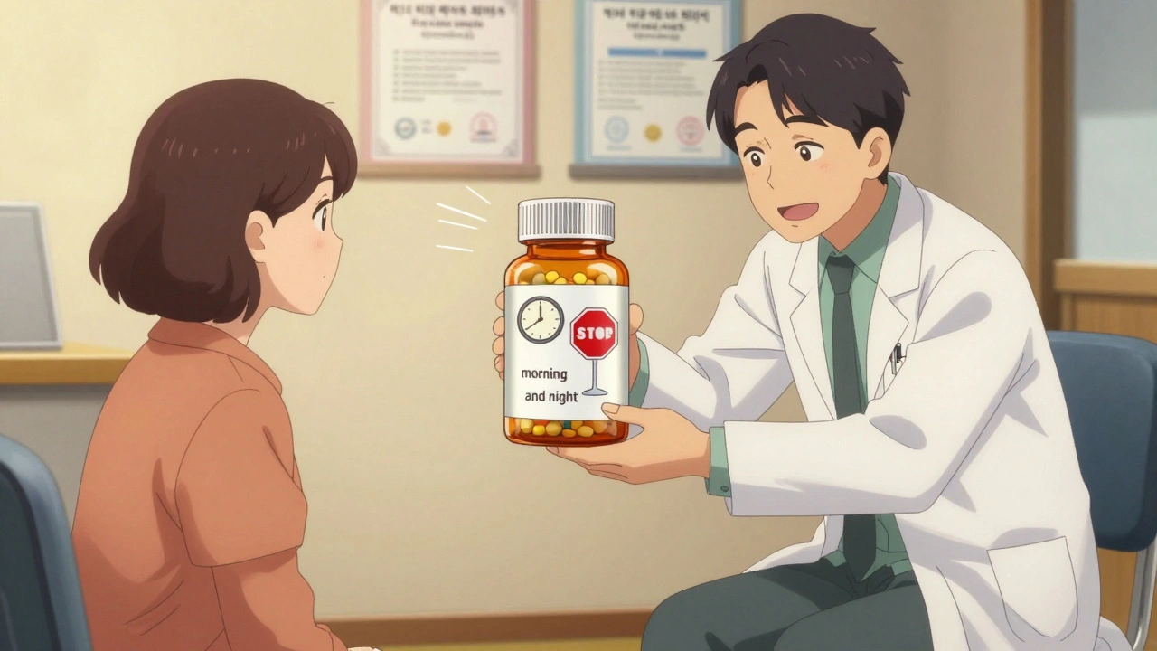 Patient smiling at illustrated prescription label with clocks and stop signs for clear instructions