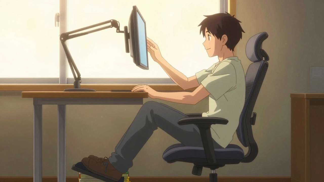 Person adjusting ergonomic chair with proper lumbar support and monitor at eye level.