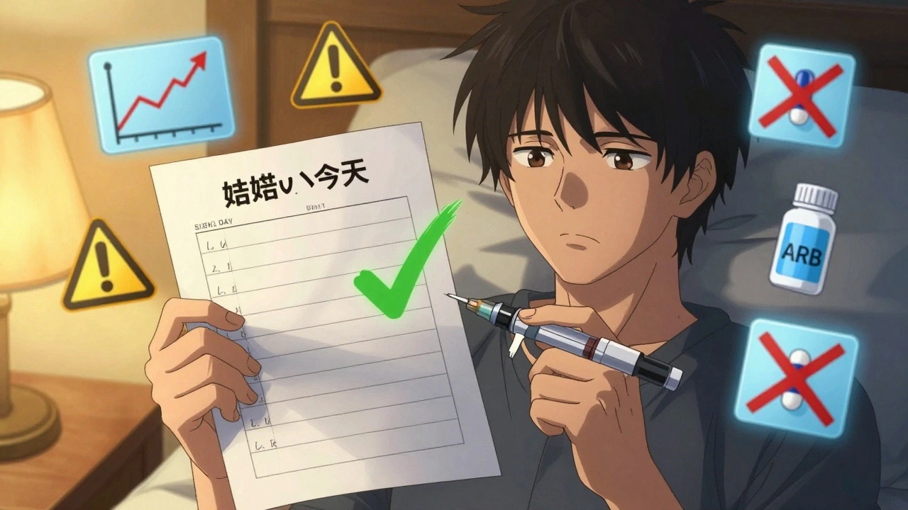 Person holding sick-day plan and insulin pen, with floating warning symbols and checkmarks.