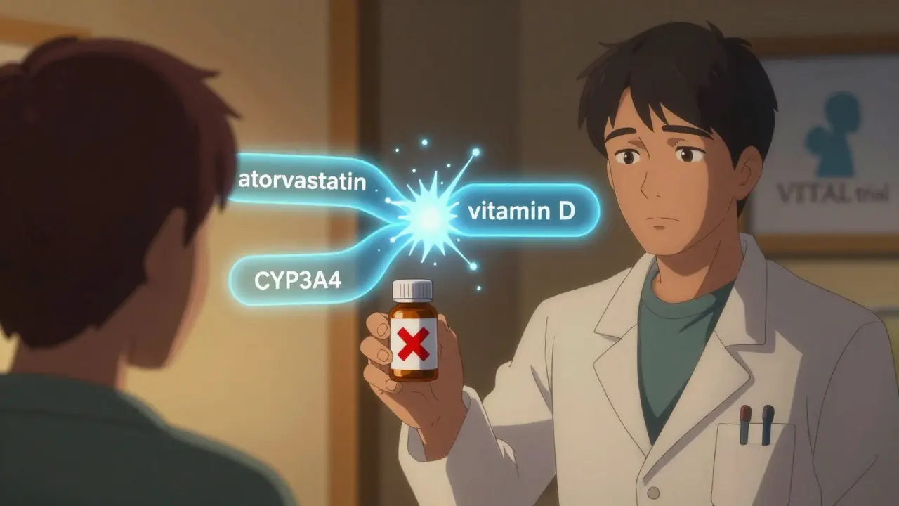 Pharmacist giving vitamin D with a red X, while statin and vitamin D pathways collide visually.