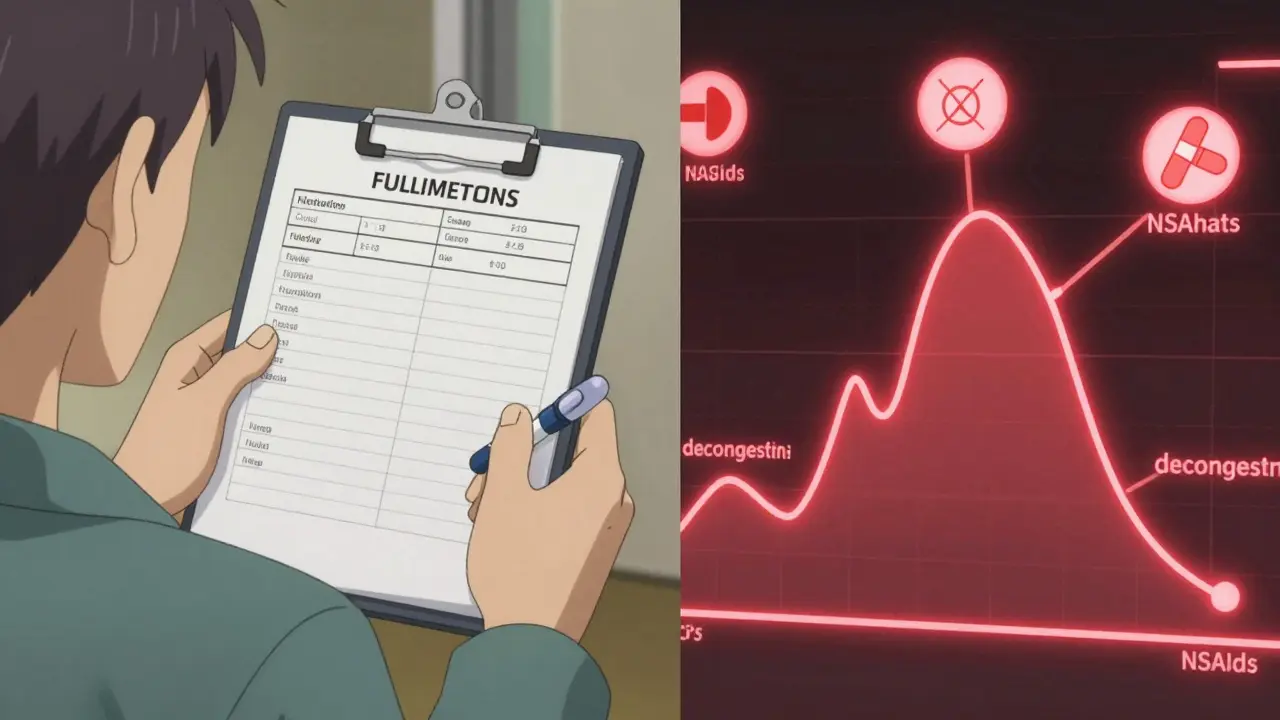 Pharmacist reviewing medication list with warning icons for drugs that raise blood pressure.