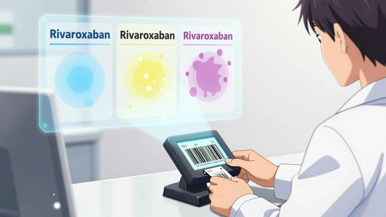 Pharmacist scanning a prescription while transparent drug dissolution patterns float in the air behind them.
