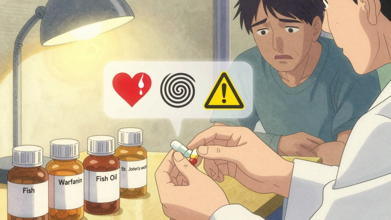 Pharmacist sorts pills while warning symbols appear above dangerous drug combinations.