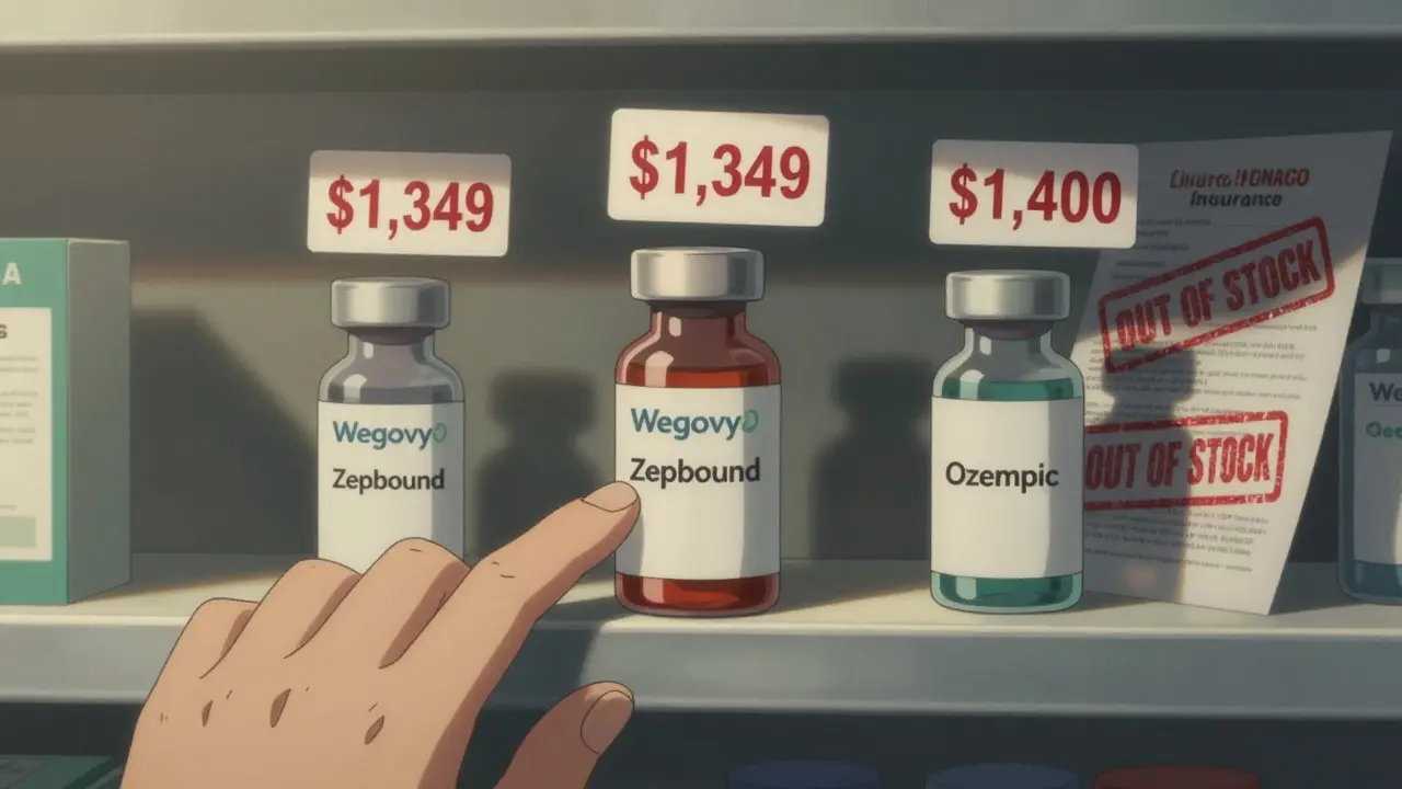 Pharmacy shelf with expensive GLP-1 drugs and denied insurance form in limited animation style.