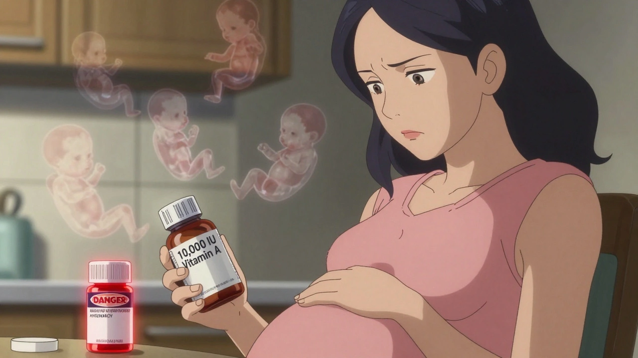Pregnant woman reading vitamin label with ghostly birth defect images in background.