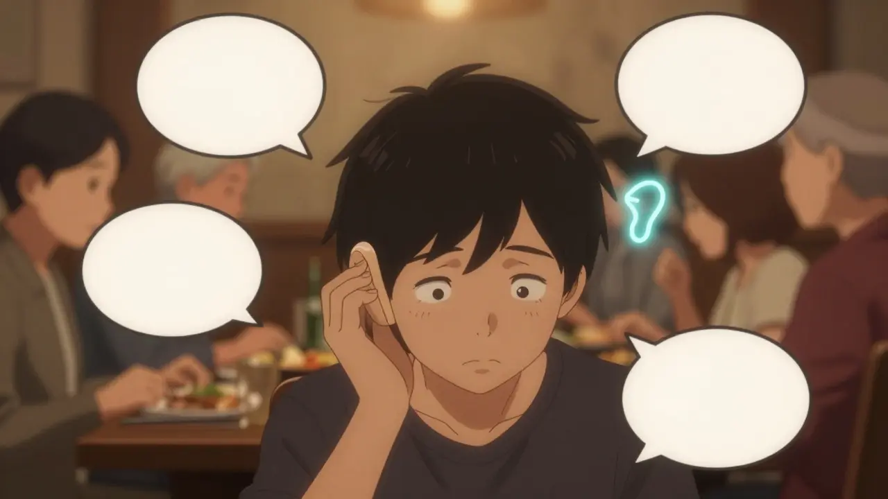 Someone at a noisy dinner table struggling to hear family, with one side of their head in silence.