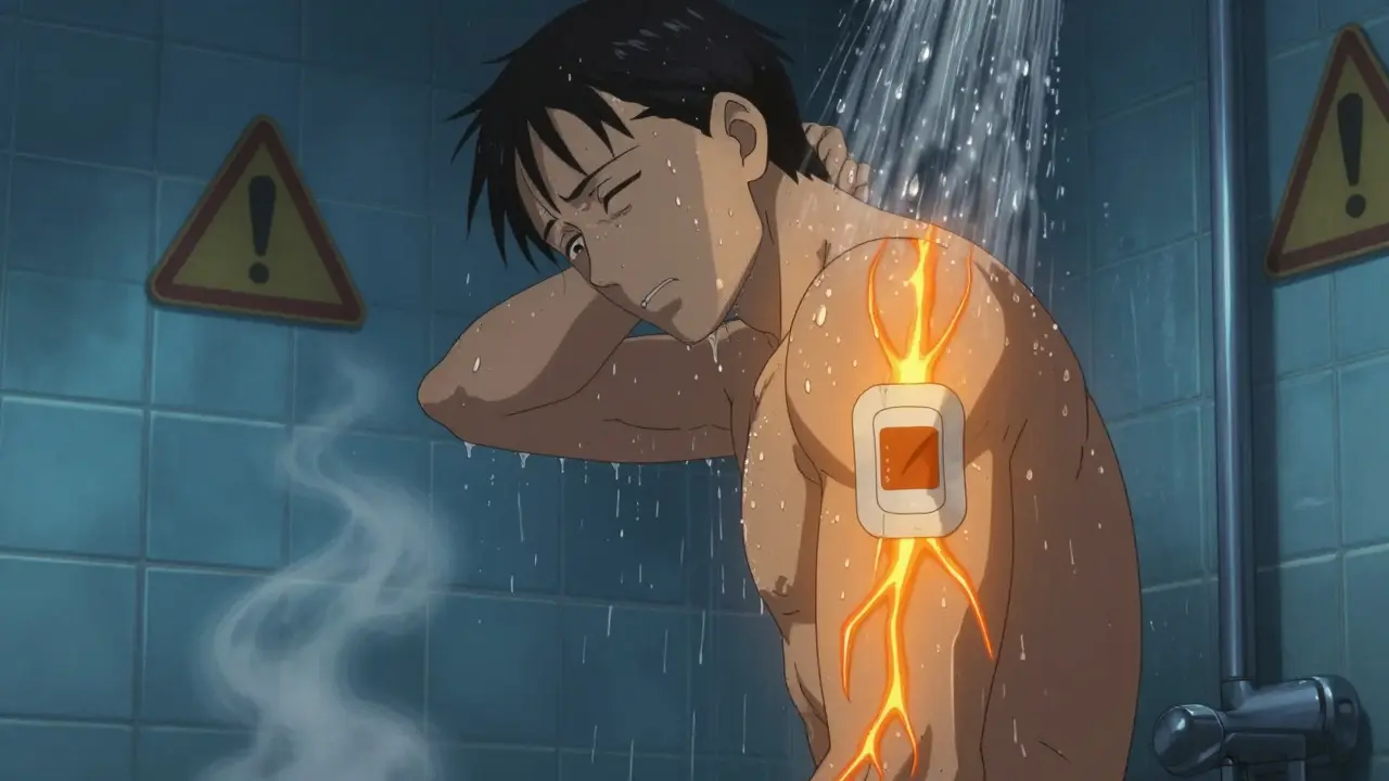 Someone stepping from a hot shower, fentanyl patch emitting glowing veins as steam swirls around them.