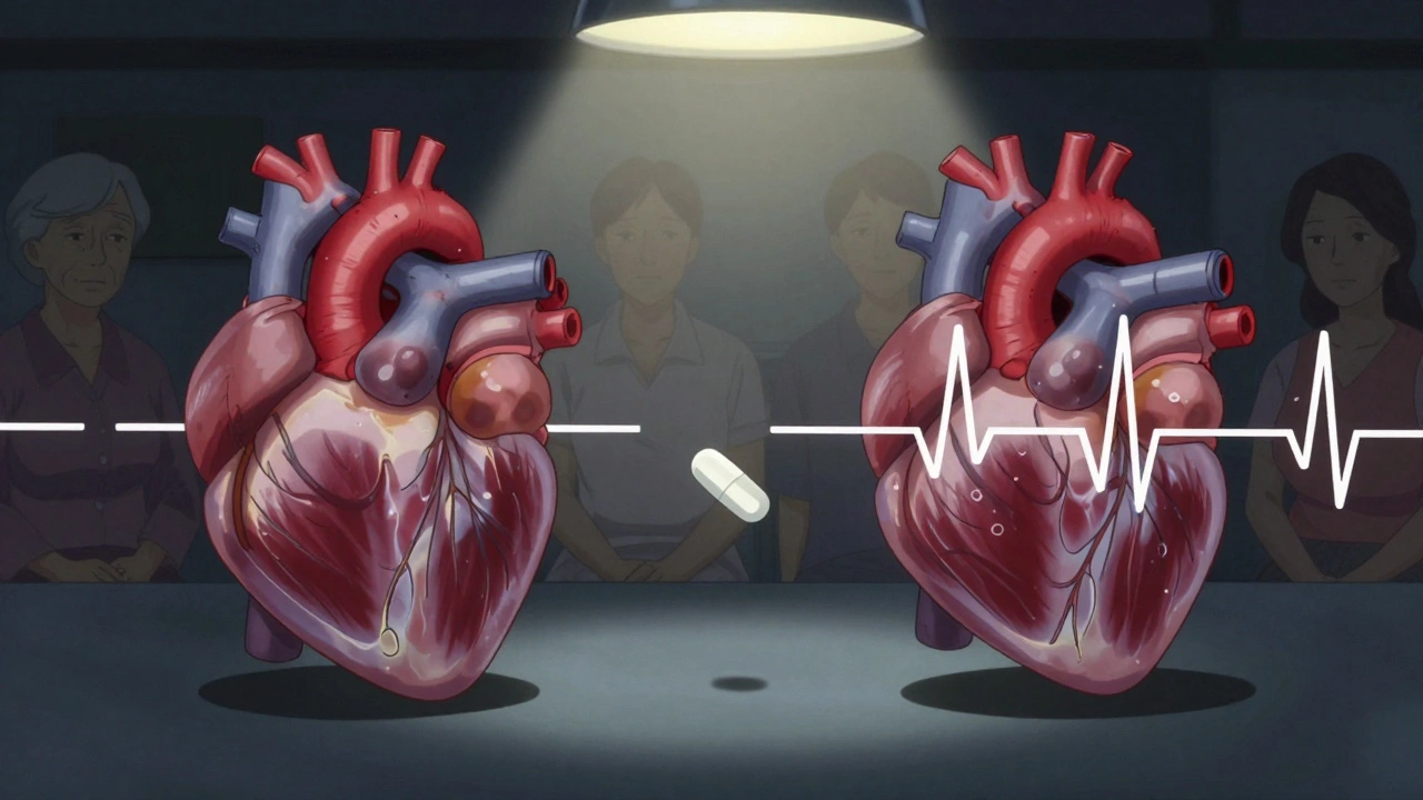 Split image of healthy vs. arrhythmic heart with azithromycin pill falling between them