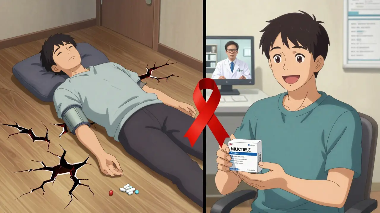 Split scene: one side shows a patient having a seizure from fake meds, the other healthy with safe meds.