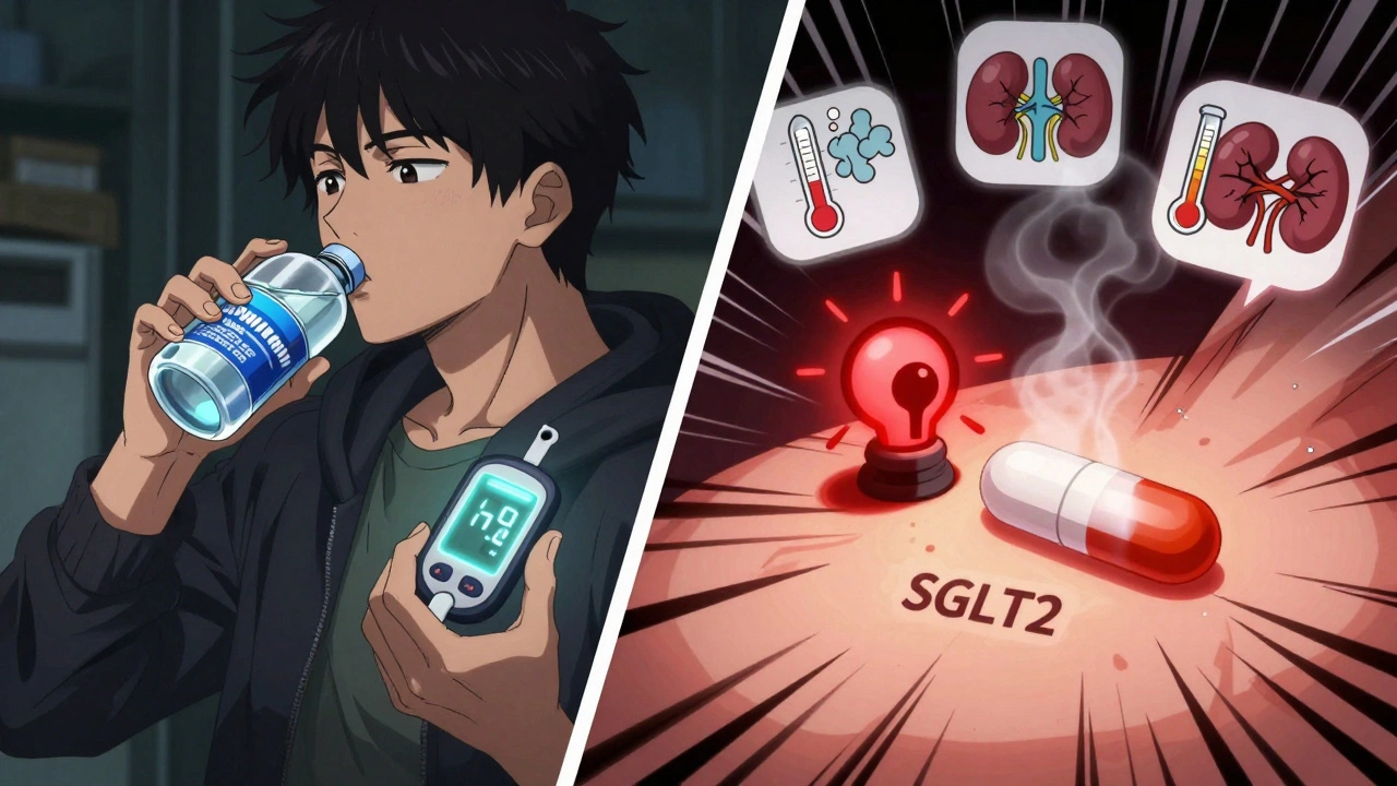 Split scene: person drinking fluids while red alarm flashes over SGLT2 inhibitor pill.