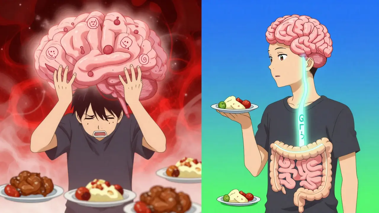 Split scene showing brain cravings vs. calm mind with GLP-1 hormone pathway in anime style.