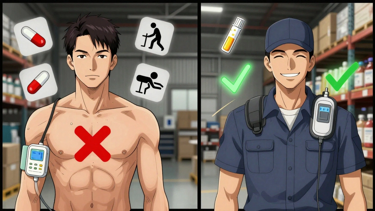 Split scene: TENS safely used by warehouse worker vs. contraindicated for pacemaker user.