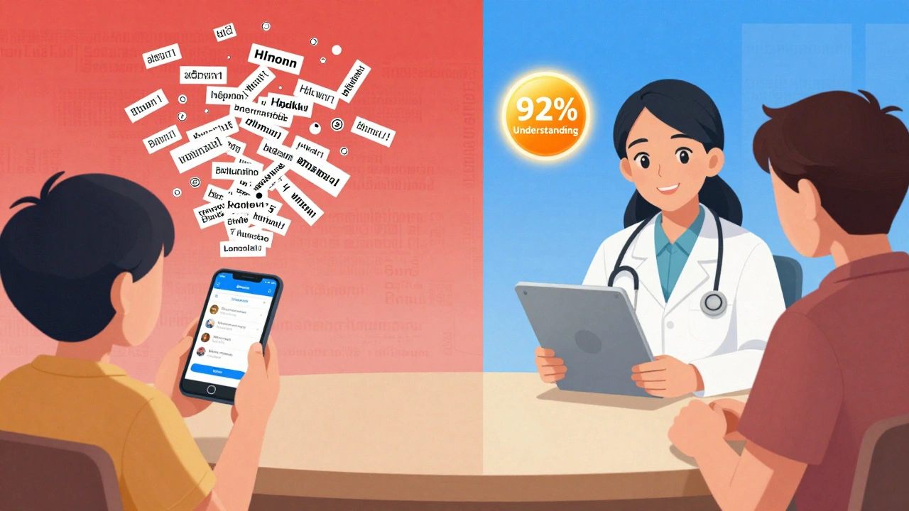 Split scene: wrong app translation vs. certified interpreter using visual aids for Hmong patient