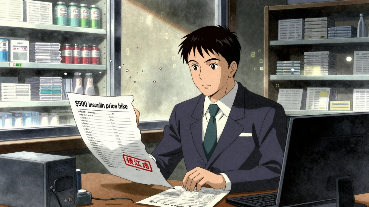 State official reviews MAC lists as drug prices collapse and shelves empty in the background.