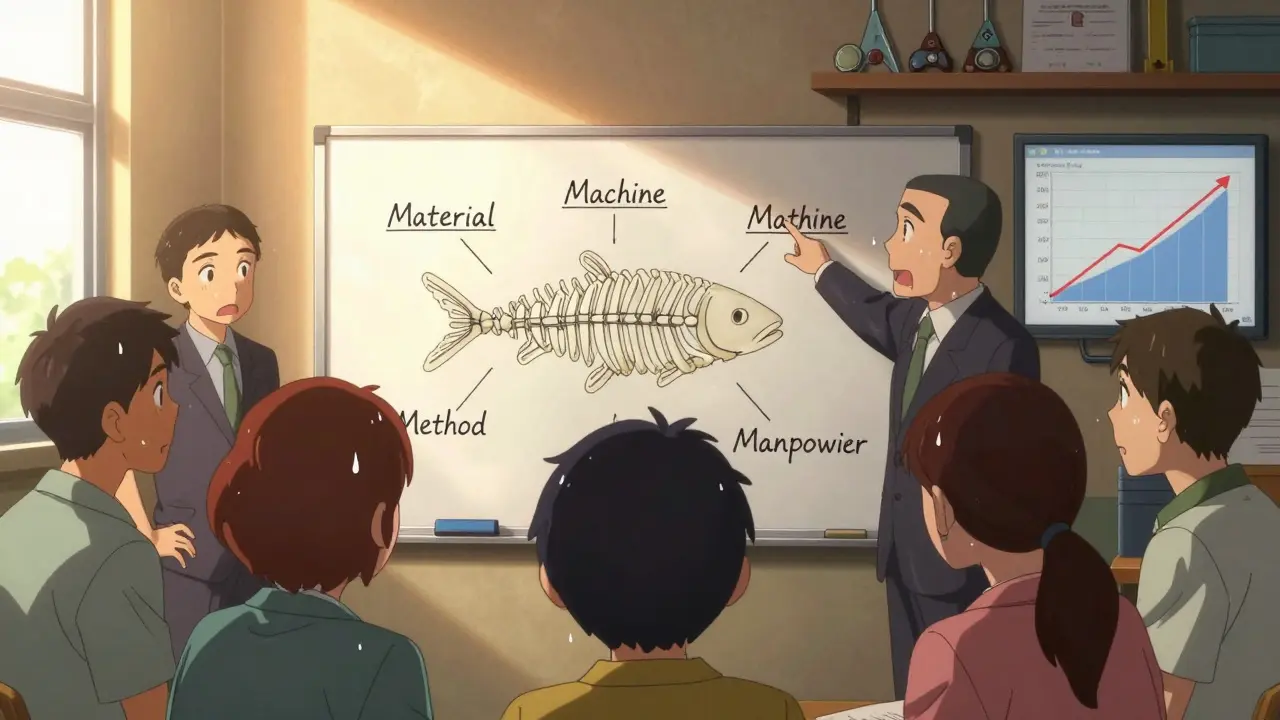 Team analyzing a fishbone diagram to identify root causes of manufacturing defects.