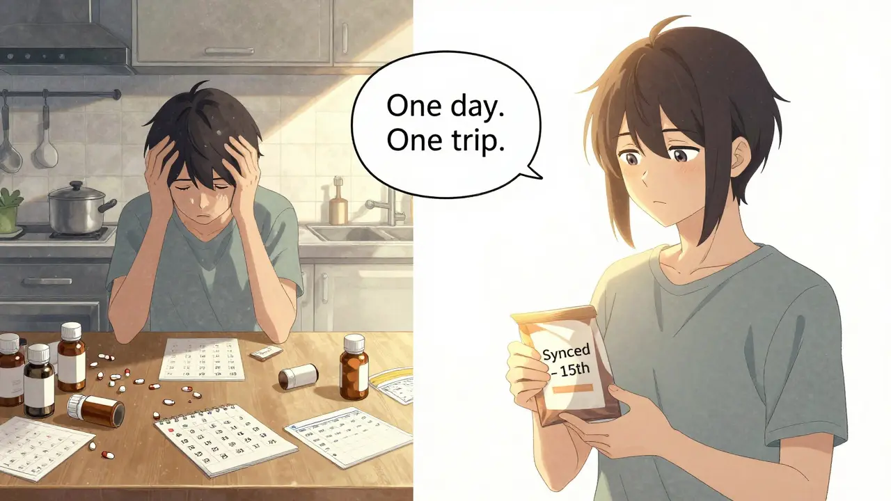 A cluttered table of pills contrasts with a calm person holding one synced medication bag, symbolizing reduced stress.