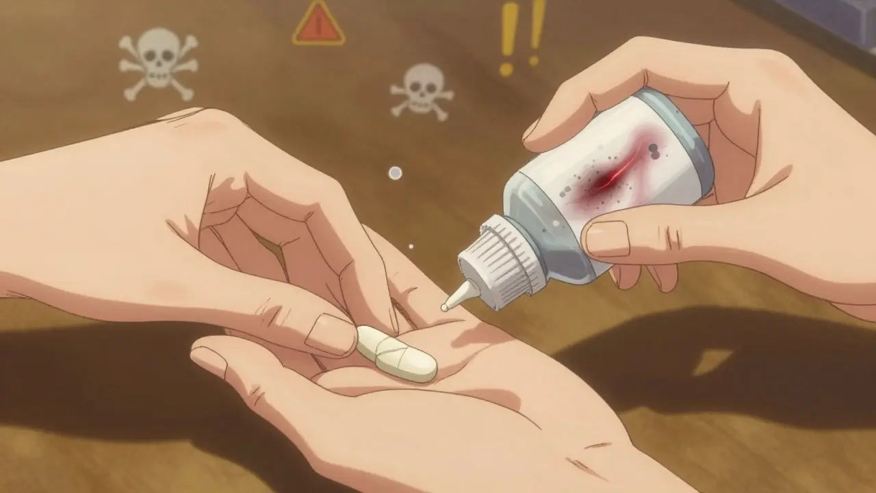 A hand holding a clean tablet next to a cloudy, contaminated eye drop bottle.