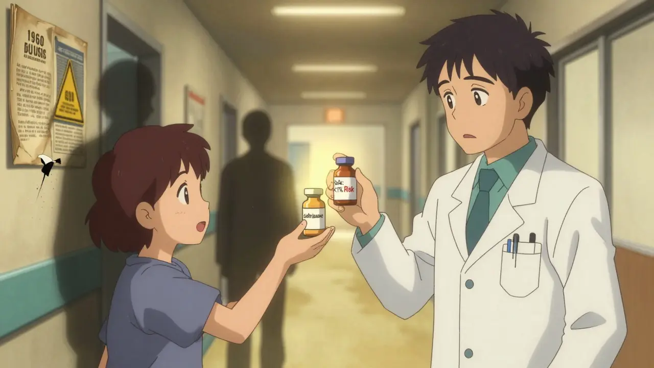 A patient choosing a safe cephalosporin over an outdated one in a hospital hallway, with crumbling old medical myths.