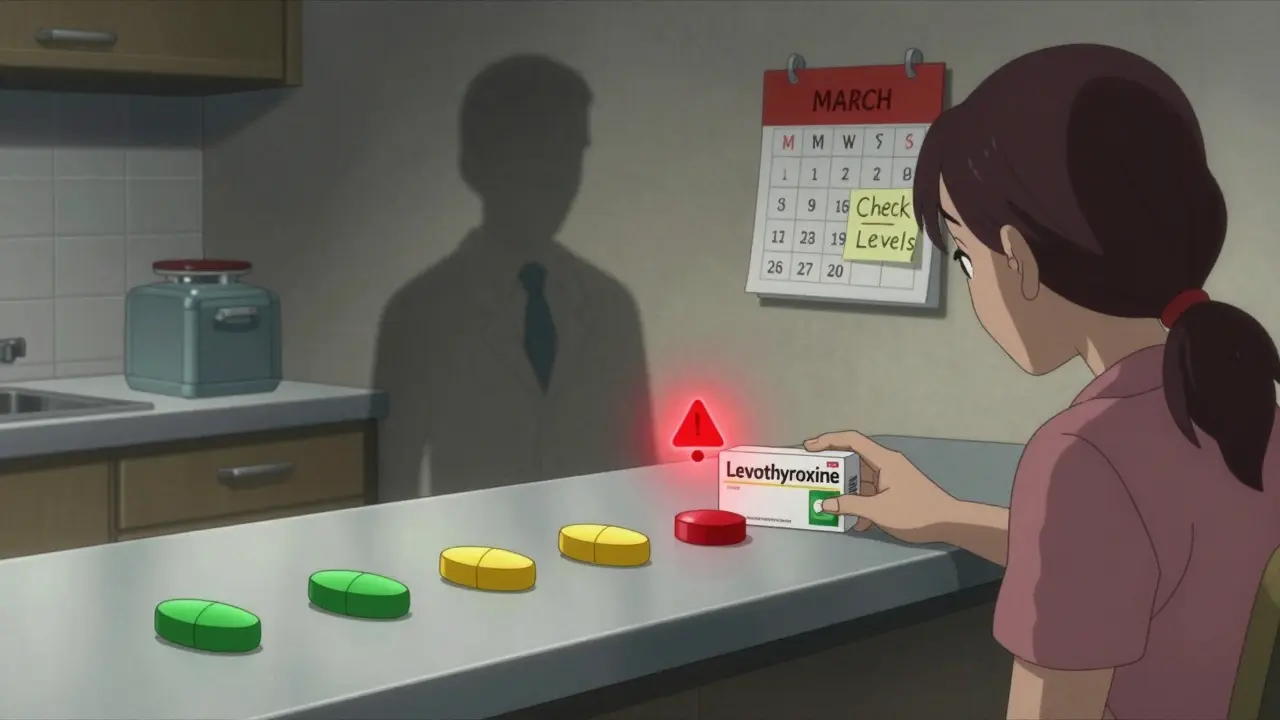 A patient watching a pill change shape and color on the counter, with warning icon above levothyroxine.
