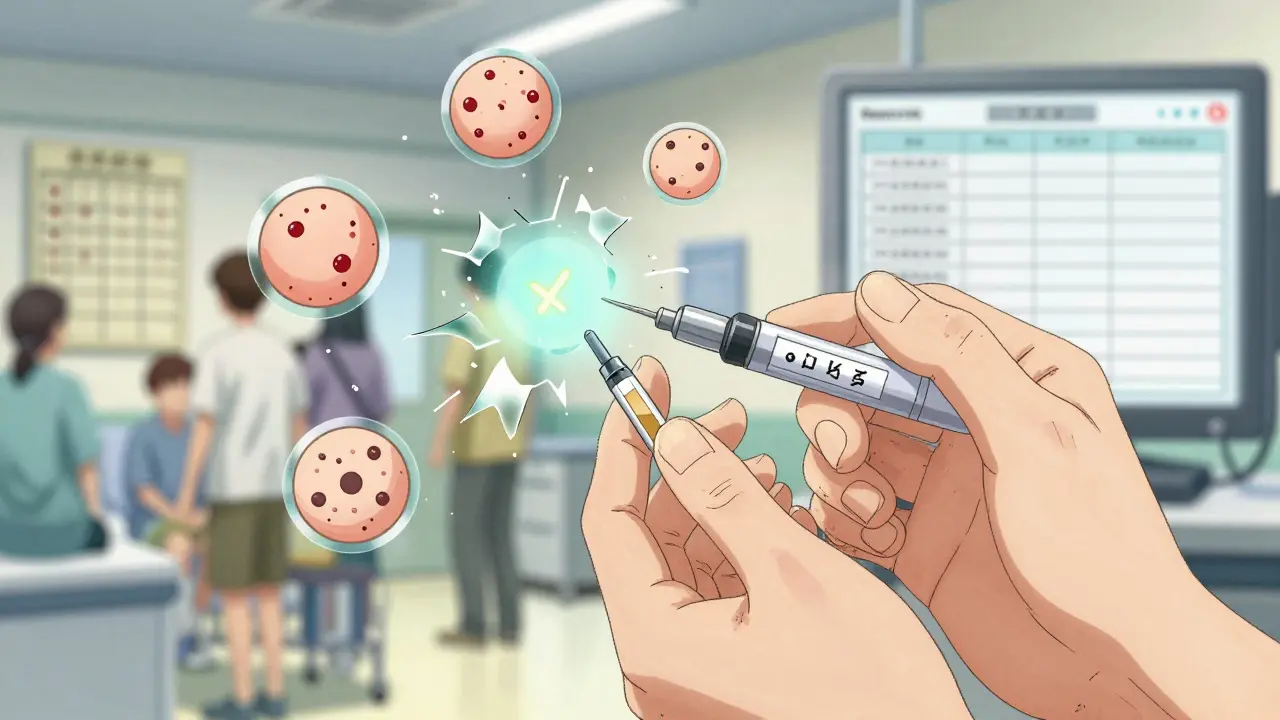 A person undergoing penicillin skin testing, with negative results causing false allergy symbols to shatter.