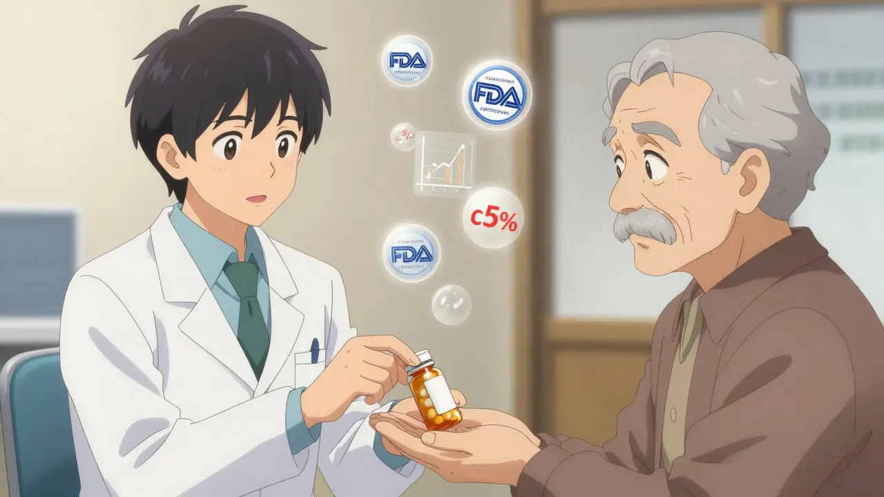 A pharmacist hands a generic medication to an older patient, with FDA and cost-saving icons floating gently in the air.