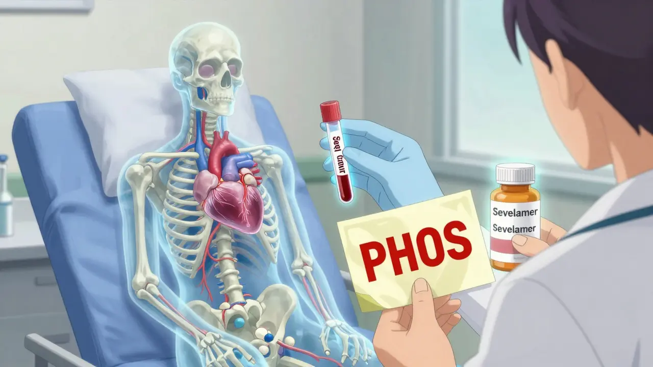 A transparent patient with calcified arteries and a doctor holding a blood test, beside a food label with 'PHOS' and a safe phosphate binder pill.