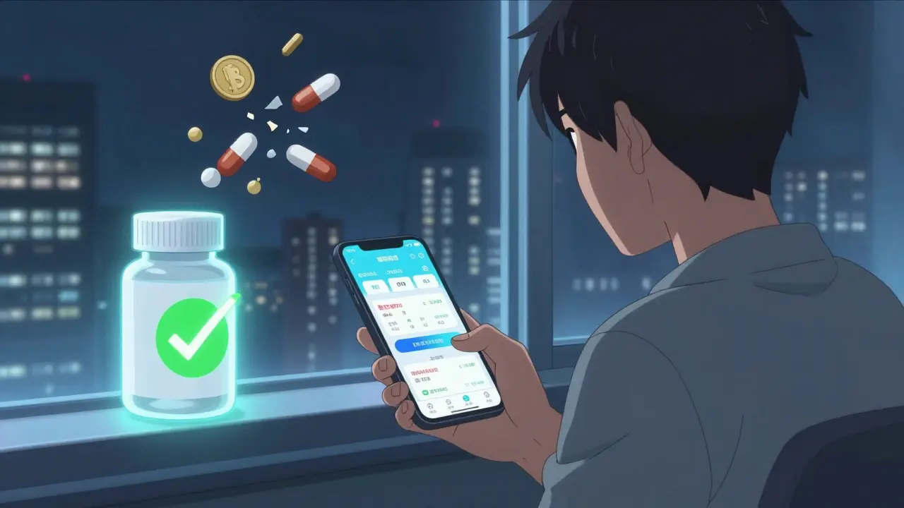 A young adult compares pill prices on a phone, with a generic option glowing as the branded version breaks into coins.