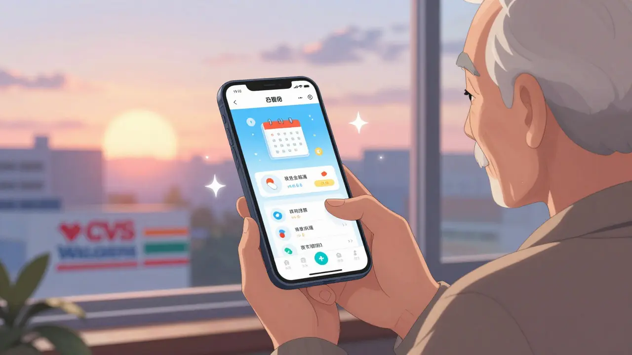 An elderly man smiles at his phone showing a digital med sync calendar with animated pills aligning on a date.