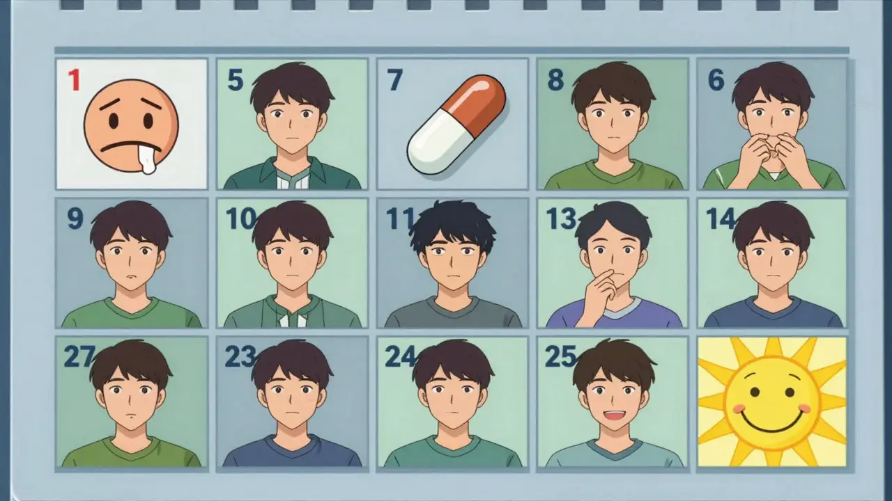 Calendar showing 14 days of gradual improvement while taking vilazodone.
