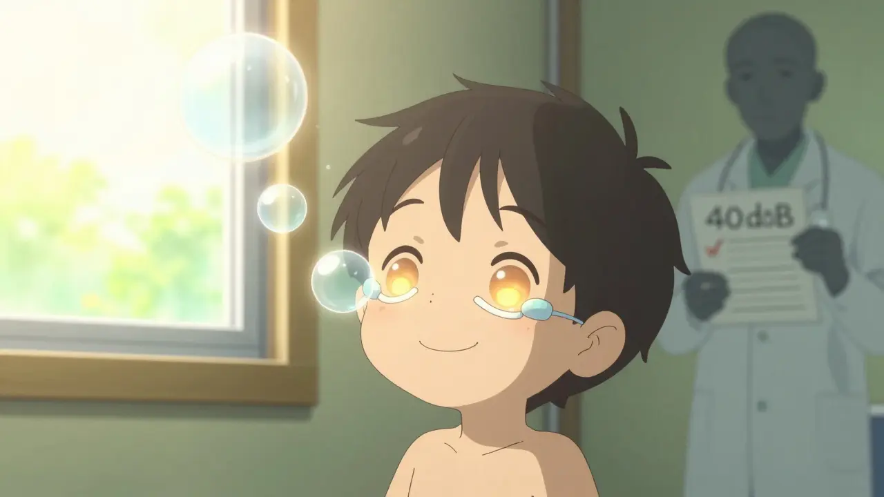Child with glowing ear tubes, fluid bubbles dissolving in sunlight