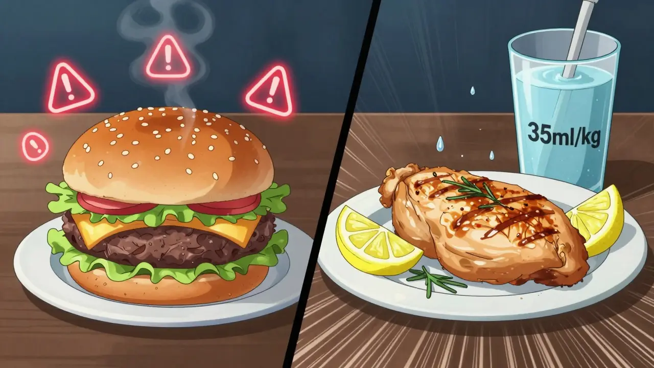 Contrasting high-sodium fast food with a healthy, salt-free meal in anime style.
