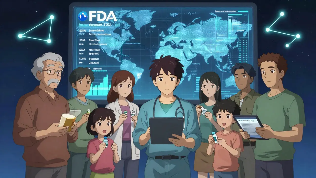Diverse group of people under a digital FDA alert screen, connected by data streams.