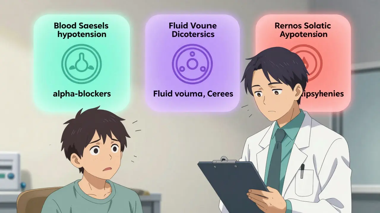 Doctor and patient in clinic with three animated panels showing how medications cause dizziness on standing.
