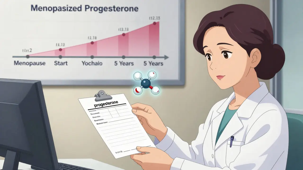 Doctor giving prescription for micronized progesterone with floating molecule and risk timeline.