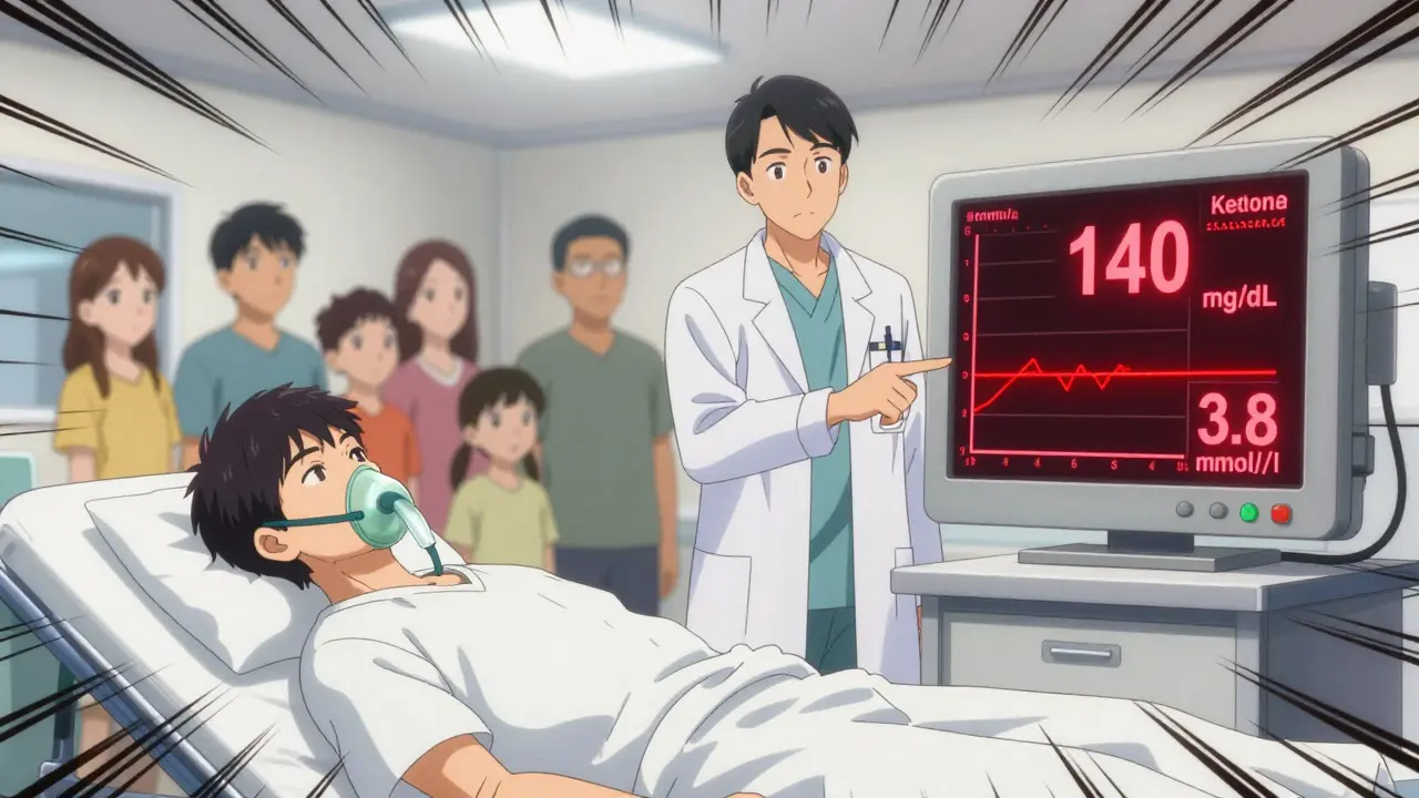 Doctor showing normal blood sugar but high ketones on hospital monitor.