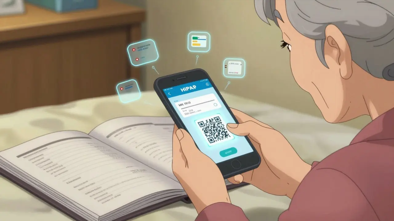 Elderly woman scanning a prescription label with a smartphone app.