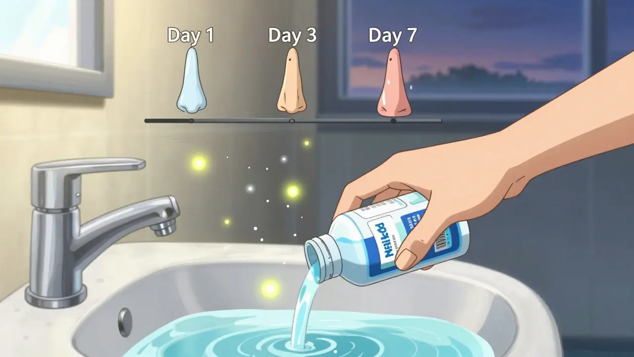 Hand using saline rinse as glowing salt particles rise, timeline showing congestion worsening over days.
