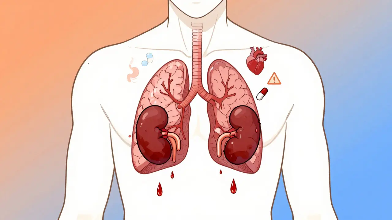 Internal organs leaking blood with a pill floating nearby, x-ray style illustration.