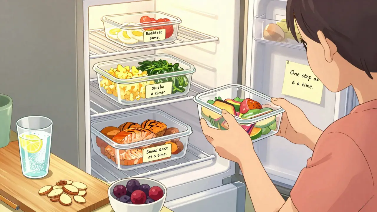 Meal prep containers in a fridge with healthy diabetic-friendly foods arranged for the week.