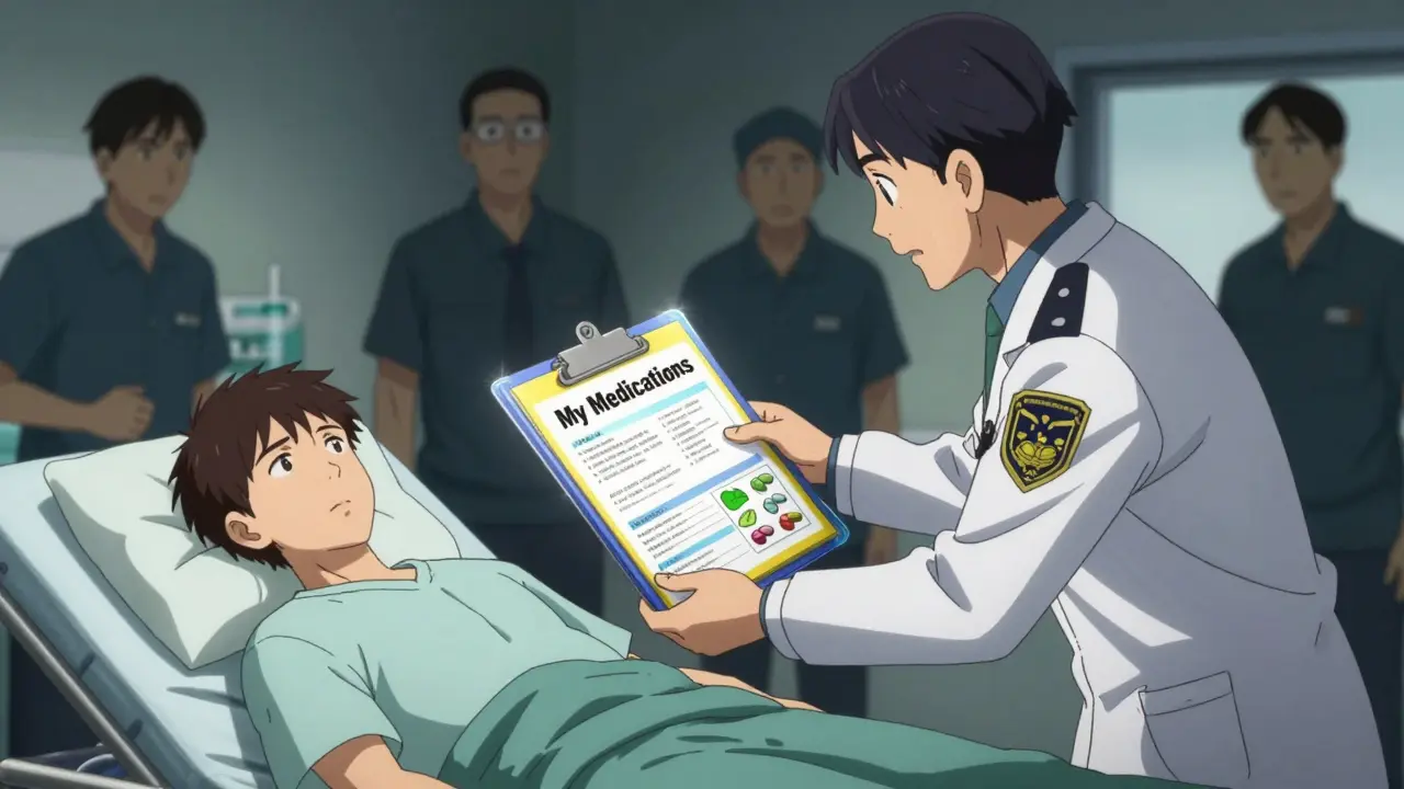 Paramedic handing a medication binder to a doctor in an emergency room.