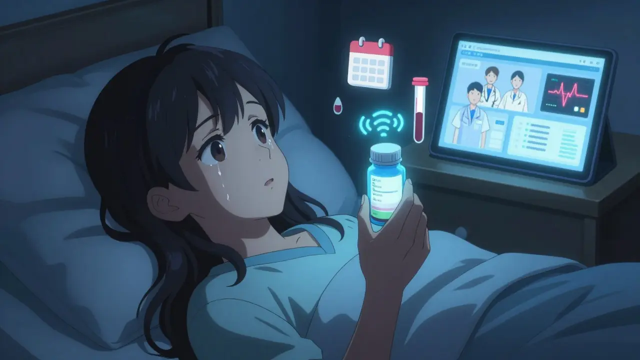 Patient in bed holding smart pill bottle emitting data signals to a distant care team dashboard.