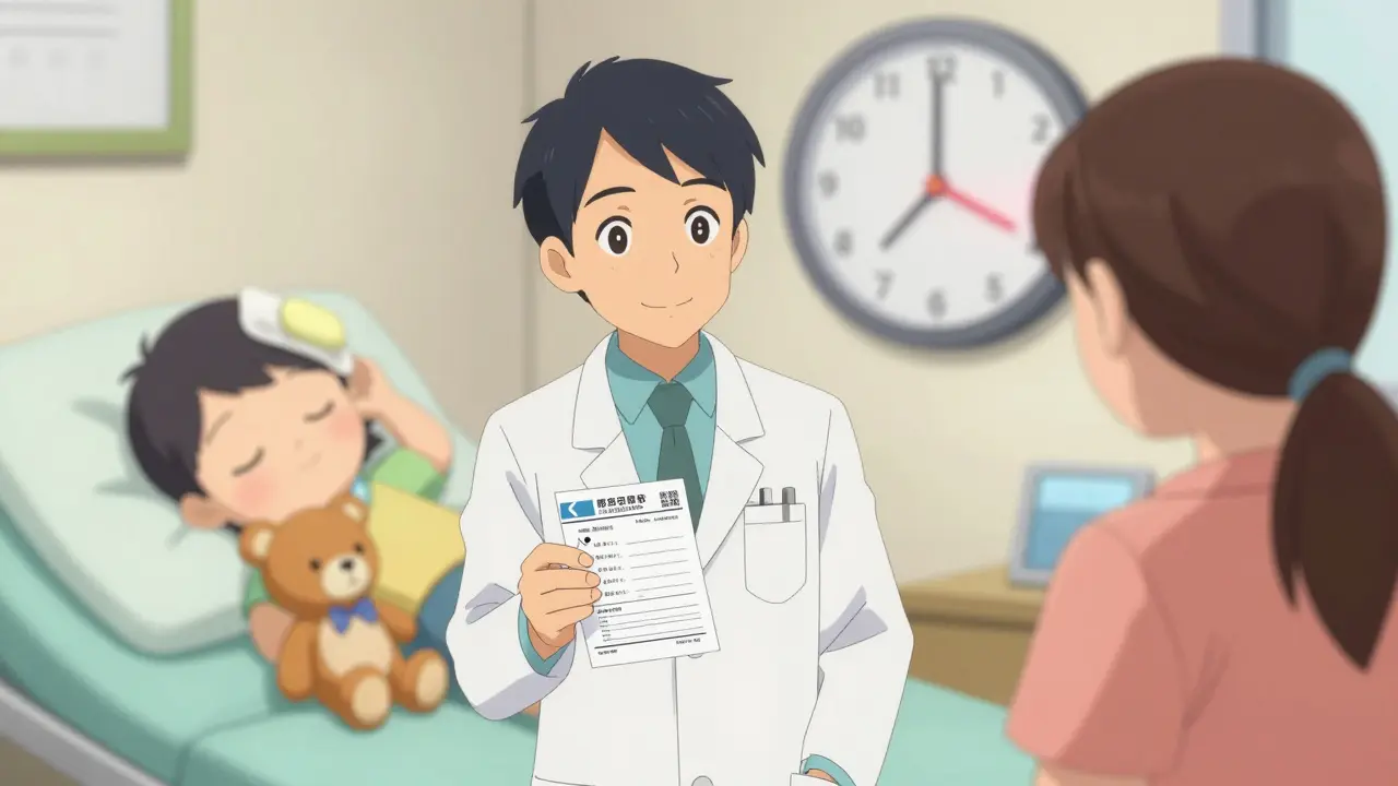 Pediatrician giving parent a safety-net prescription, child playing calmly