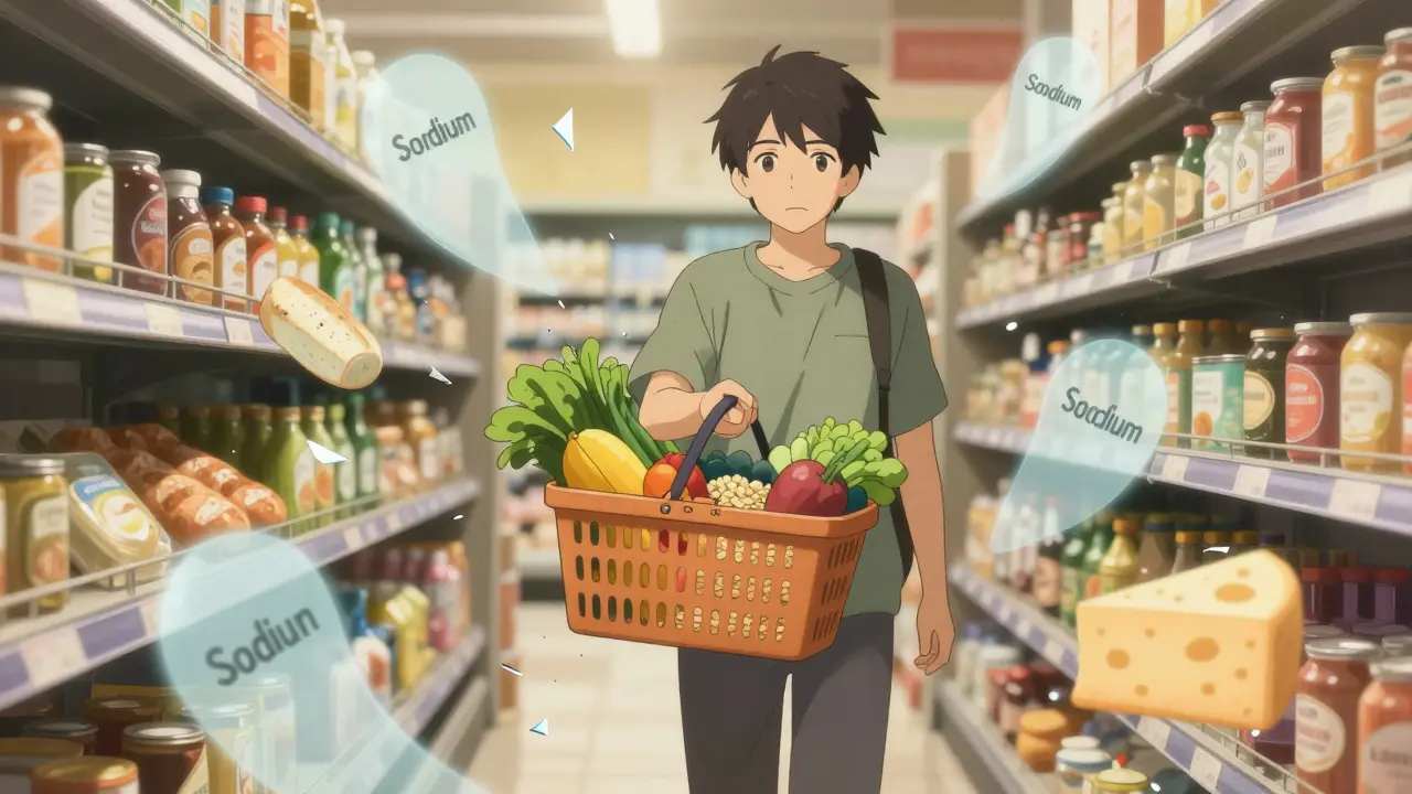 Person shopping for healthy foods as hidden sodium labels shatter around them.